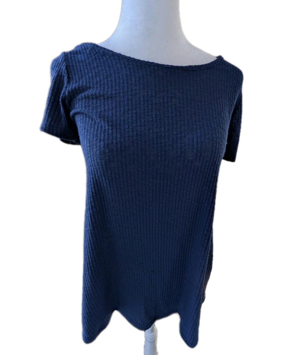 Altar'd State Flowy Short Sleeve Top Lace Up Back Navy Blue Woman's Size Small